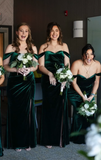 Charming Mermaid Off the Shoulder Green Velvet Long Party Dress Bridesmaid Dress with Slit HZ1023