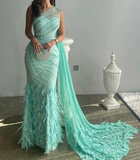 Luxurious Sheath One Shoulder Beaded Feather Long Prom Dress Evening Dress HZ1023