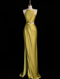 Yellow Sheath Halter Satin Open Back Prom Dress Graduation Prom Dress with Slit HZ1023