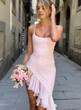 Light Pink Sheath Spaghetti Straps Ruffles Satin Short Party Dress Outfits HZ1023