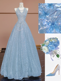 Dreamy Baby Blue A Line Halter Sequin Beaded Tulle Long Prom Dress Party Dress HZ1023