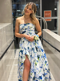 Strapless Print Floral Long Prom Dress Evening Gown HZ1023