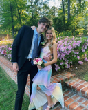 Spaghetti Straps V Neck Layered Chiffon Rainbow Long Prom Dress HZ1023