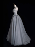 New Grey A Line Sweetheart Neck Beaded Satin Tulle Evening Dresses Party Dresses HZ1023
