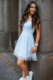 Charming Blue Lace Scoop Short A line Homecoming Dresses HZ1023