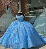 Blue Tulle Appliques Beaded Ball Gown Sweet 16 Dress Quinceanera Dress HZ1023