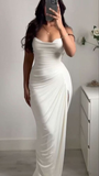 Elegant Mermaid Straps White Chiffon Prom Dress Slit Birthday Outfits HZ1023
