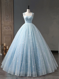 Star and Moon Fantasy Tulle A-Line Long Evening Dress, Blue Formal Sweet 16 Prom Dress Quinceanera Dress HZ1023