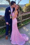 Pink Sequin Plunge V Mermaid Long Prom Dress HZ1023