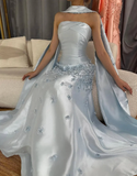 Blue Sky A Line Strapless Appliques Satin Long Prom Dress Evening Dress HZ1023