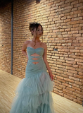 Unique Mermaid Sweetheart Neck Blue Tulle Long Prom Dress Evening Dress HZ1023