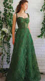 Popular Dark Green Spaghetti Straps Lace Prom Dresses Formal Evenning Dress HZ1023
