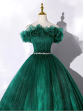 Green Tulle Off The Shoulder Folds Long A-Line Prom Dress HZ1023