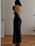 Elegant Simple Black Mermaid Halter Satin Evening Dress Party Dress Formal Dress HZ1023