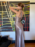 Simple A Line Halter Brown Satin Open Back Long Prom Dress Graduation Prom Dress with Slit HZ1023