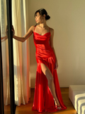 Sexy Mermaid Spaghetti Strap Red Satin Prom Dress Evening Dress with Slit HZ1023