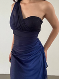 Elegant Sheath One Shoulder Navy Blue Ombre Chiffon Long Prom Dress Evening Dress HZ1023