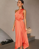 Elegant A Line One Shoulder Pleated Orange Satin Bridesmaid Dress Evening Dress HZ1023