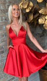 Deep V Neck Spaghetti Straps Short A Line Pleated Satin Halter Homecoming Dresses HZ1023