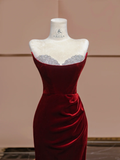 Burgundy Mermaid Strapless Beaded Velvet Long Prom Dress Party Dress HZ1023