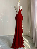 Simple Black Mermaid Spaghetti Strap Ruffle Chiffon Open Back Long Prom Dress Party Dress HZ1023