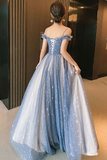 Blue Tulle Long Prom Dress, A-Line Spaghetti Strap Graduation Party Dress HZ1023