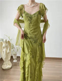 Elegant Retro Green A Line Embroidered Flying Sleeve Chiffon Prom Dress Party Dress HZ1023