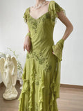 Elegant Retro Green A Line Embroidered Flying Sleeve Chiffon Prom Dress Party Dress HZ1023
