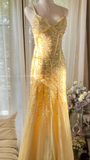 Light Yellow Mermaid Spaghetti Strap Sequin Beaded Chiffon Open Back Party Dress Evening Dress HZ1023