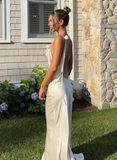 Simple Sheath Straps Ivory Satin Open Back Long Prom Dress Evening Dress HZ1023