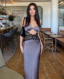 Simple Mermaid V Neck Lace Satin Open Back Long Prom Dress Evening Dress HZ1023