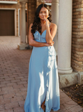 Gentle A Line Ruffle Blue Chiffon Evening Dress Bridesmaid Dress with Slit HZ1023