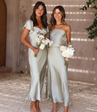 Simple A Line Sage Green Satin Evening Dress Bridesmaid Dress HZ1023