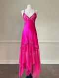 Hot Pink Sexy A Line Spaghetti Strap Lace Satin Prom Dress Evening Dress HZ1023