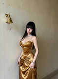 Golden A Line Spaghetti Strap Pleated Velvet Prom Dress Party Dress HZ1023