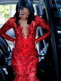 Sexy Mermaid V Neck Long Sleeve Red Sequin Long Sweep Prom Dress Evening Dress HZ1023
