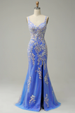 Charming Mermaid V Neck Blue Long Prom Dress With Appliques HZ1023