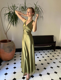 Green Sheath Halter Bow Satin Open Back Prom Dress Graduation Prom Dress HZ1023