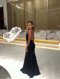 Unique Mermaid Spaghetti Strap Black Sequin Open Back Long Sweep Prom Dress HZ1023