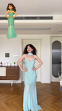 Gentle Baby Blue Mermaid Spaghetti Strap Beaded Sequin Chiffon Prom Dress Party Dress HZ1023