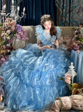 Blue Ball Gown Round Neck Layered Organza Prom Dress 16th Birthday Dress HZ1023
