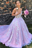 Pink Princess Tulle Appliques Long Prom Dress Quinceanera Dress Ball Gown Wedding Dress HZ1023