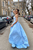 Light Blue Spaghetti Strapless Satin Lace Long Prom Dress,Elegant Evening Dresses HZ1023