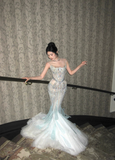 Exquisite Mermaid Round Neck Beaded Sequin Tulle Long Sweep Party Dress Evening Dress HZ1023