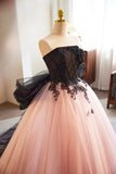 Strapless Bow Pink Tulle Long Prom Dresses Evening Dresses with Black Appliques HZ1023