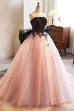 Strapless Bow Pink Tulle Long Prom Dresses Evening Dresses with Black Appliques HZ1023