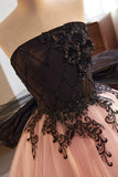 Strapless Bow Pink Tulle Long Prom Dresses Evening Dresses with Black Appliques HZ1023