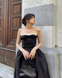 Black A Line Strapless Satin Prom Dress Evening Homecoming Dress with Bow HZ1023