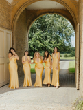 Simple Mermaid Halter Yellow Satin Open Back Bridesmaid Dress Evening Dress HZ1023