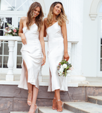 Cute Sheath One Shoulder Green Satin Bridesmaid Dress Evening Dress with Slit HZ1023